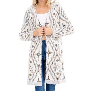 Aztec Fuzzy Eyelash MultiColor Long Open Cardigan in Winter White